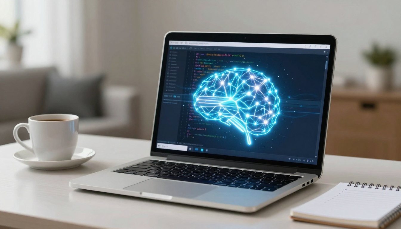 A laptop on a white table displays a digital brain with neural connections in blue light. Beside it, a white coffee cup on a saucer and a spiral notebook are visible. The background features a blurred indoor setting.