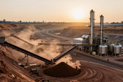 A mining site at sunset with dusty conveyor belts, soil mounds, and industrial tanks. The sun sets in the hazy sky, creating a warm glow.