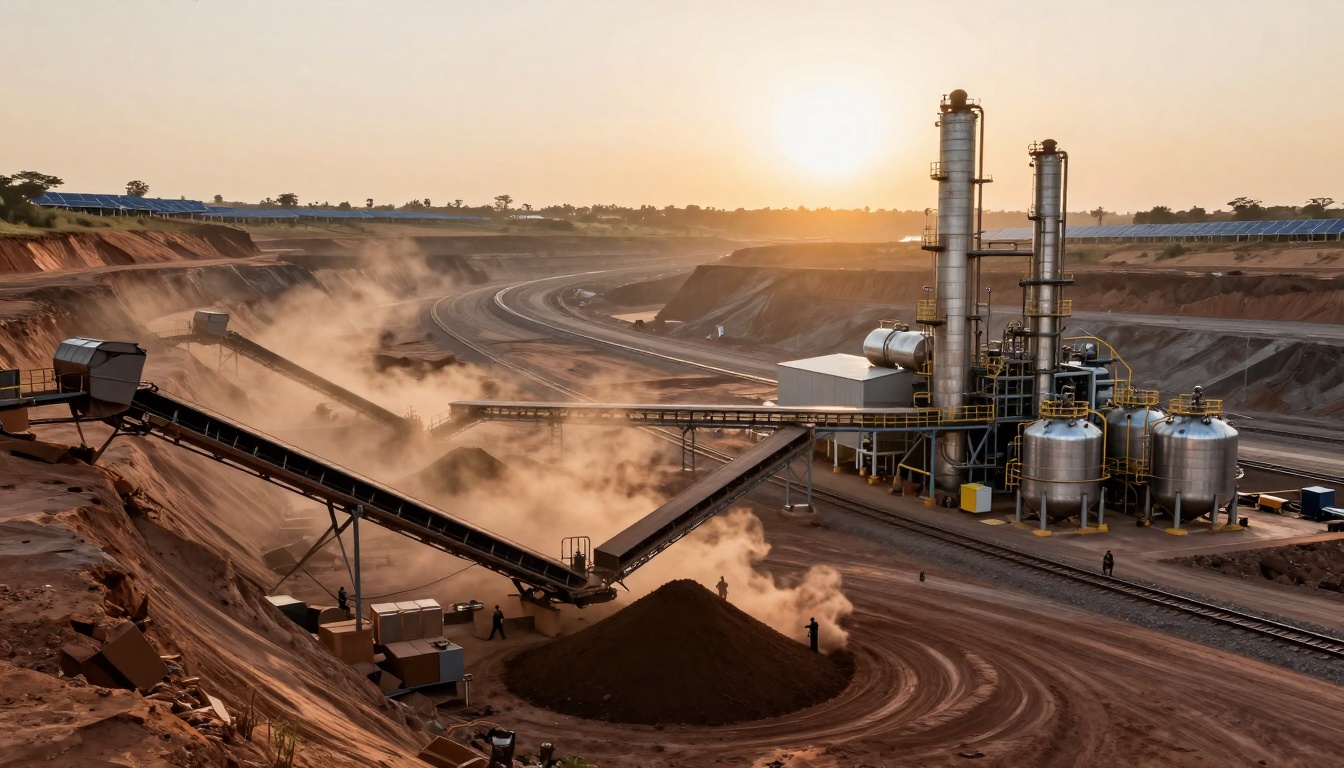 A mining site at sunset with dusty conveyor belts, soil mounds, and industrial tanks. The sun sets in the hazy sky, creating a warm glow.