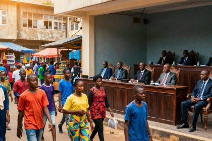 A bustling street market scene with people walking in colorful clothing, including blue, red, and yellow. On the right, a panel of officials in suits is seated at wooden desks, observing the scene. Market stalls with goods and vibrant umbrellas are visible in the background.