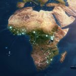 Map of Africa at night with glowing lines and dots representing digital connections. Satellites and a ship are visible over the ocean.