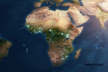 Map of Africa at night with glowing lines and dots representing digital connections. Satellites and a ship are visible over the ocean.
