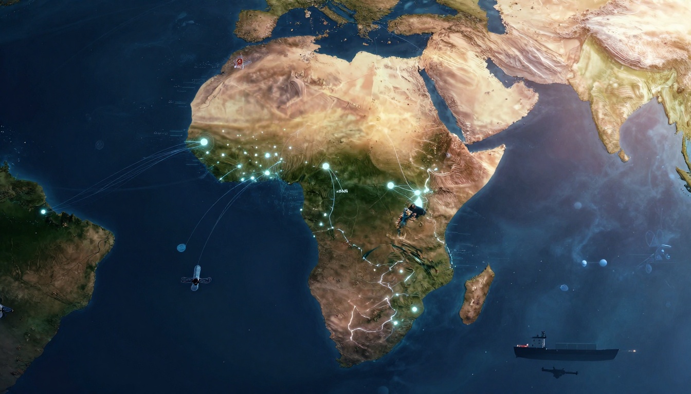 Map of Africa at night with glowing lines and dots representing digital connections. Satellites and a ship are visible over the ocean.
