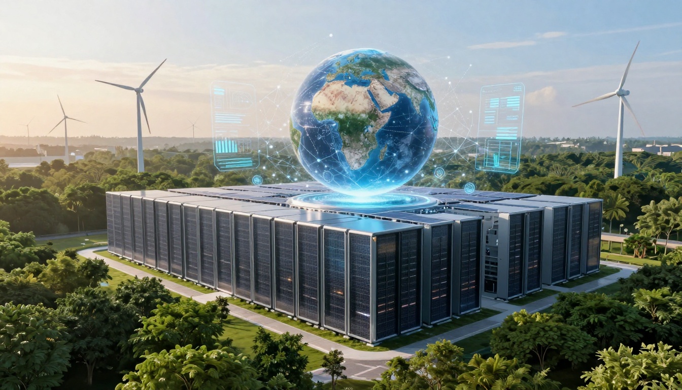 A futuristic data center surrounded by greenery with wind turbines in the background. A holographic globe hovers above the building.