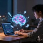 A person is working on a laptop at a desk in a dimly lit room. A glowing holographic brain with symbols like a paintbrush and music note hovers above the laptop.