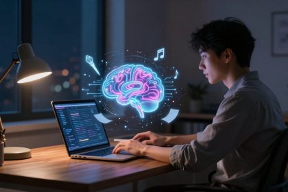 A person is working on a laptop at a desk in a dimly lit room. A glowing holographic brain with symbols like a paintbrush and music note hovers above the laptop.
