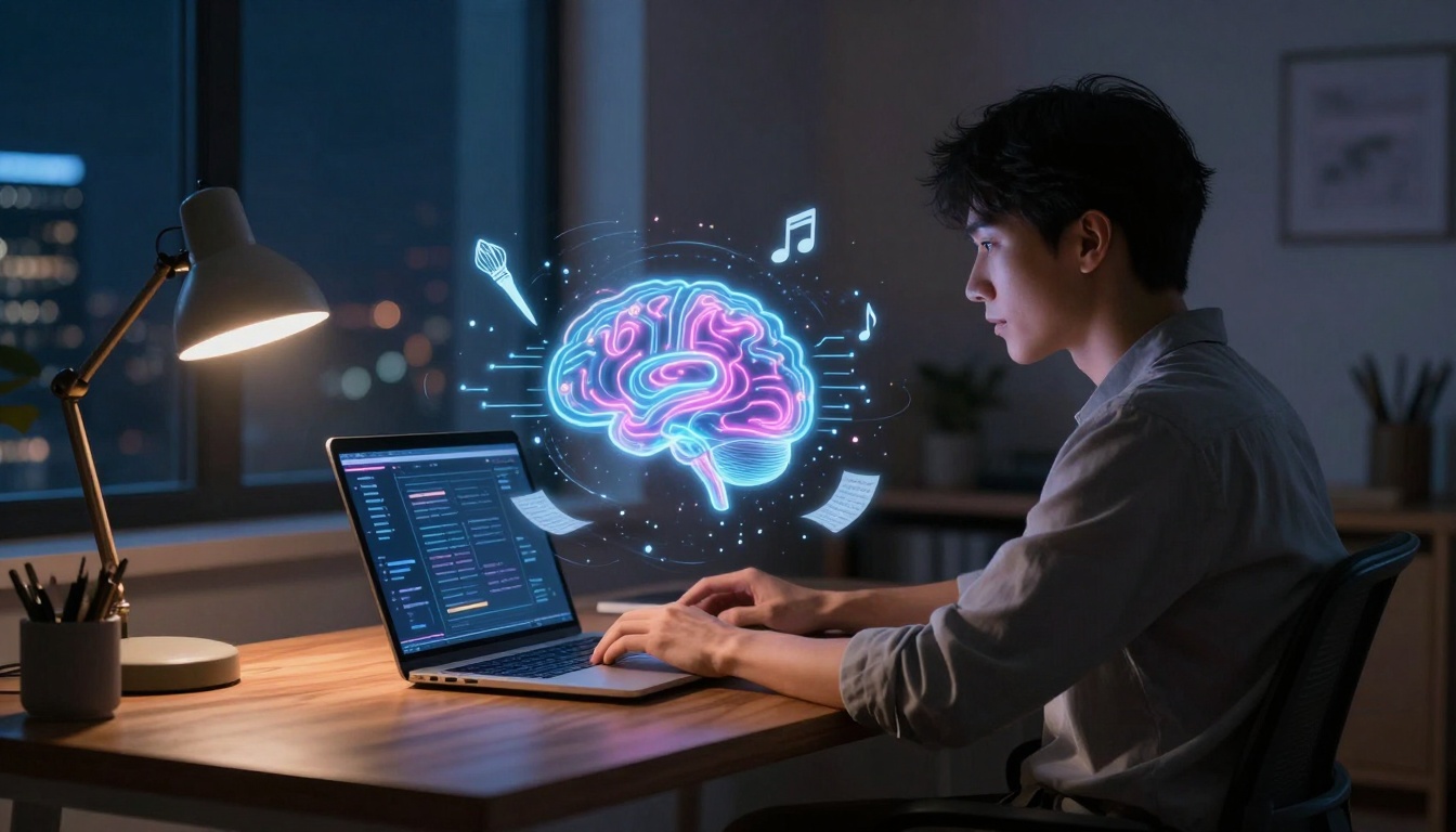 A person is working on a laptop at a desk in a dimly lit room. A glowing holographic brain with symbols like a paintbrush and music note hovers above the laptop.