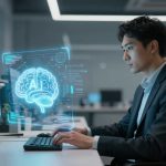 A man in a suit works at a computer in an office, with a holographic AI brain graphic displayed in front of him.