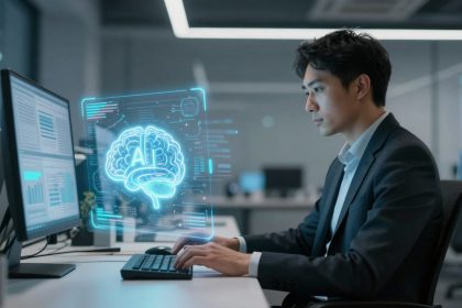 A man in a suit works at a computer in an office, with a holographic AI brain graphic displayed in front of him.