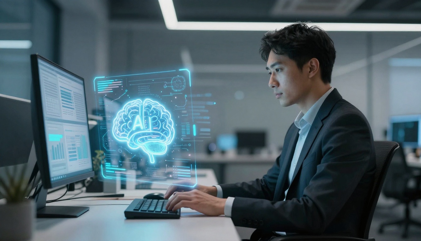 A man in a suit works at a computer in an office, with a holographic AI brain graphic displayed in front of him.