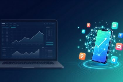 A laptop displaying graphs and data sits on the left. On the right, a digital smartphone with a graph and app icons is surrounded by a glowing network.