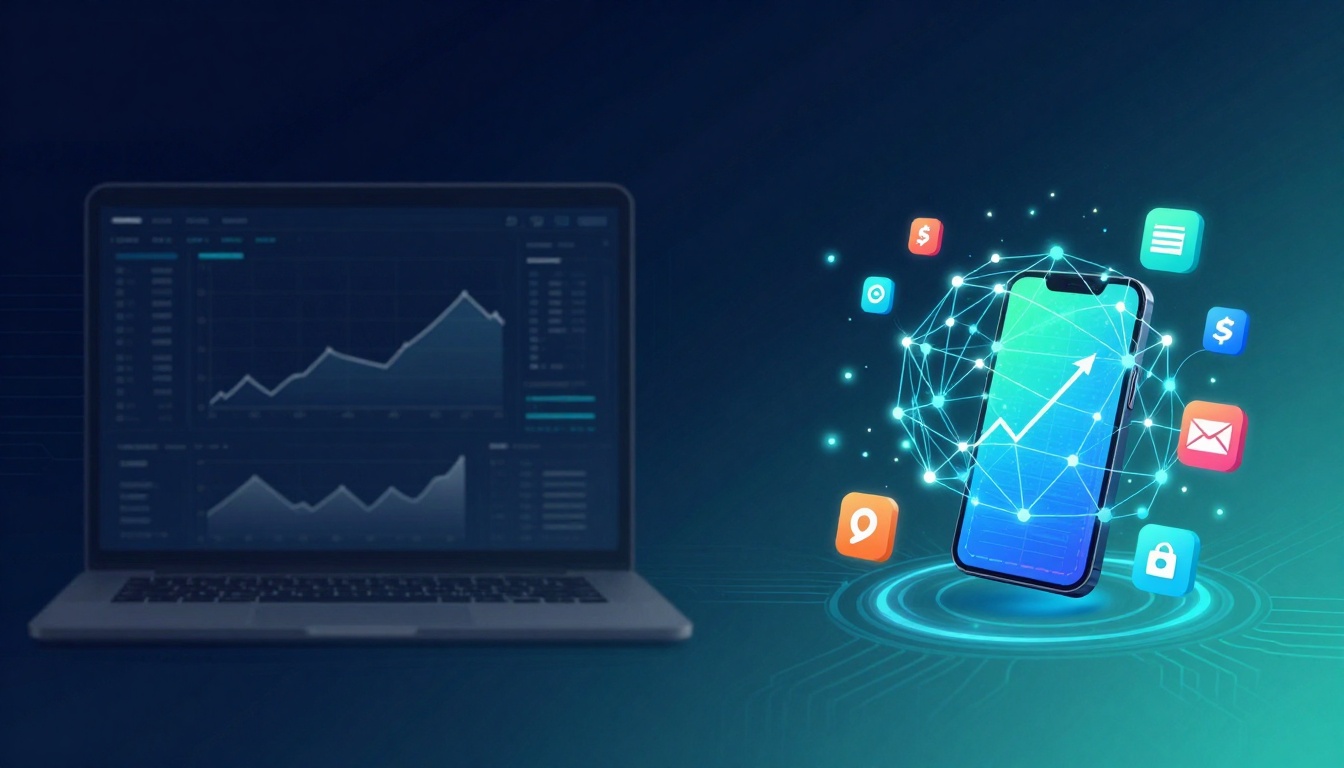A laptop displaying graphs and data sits on the left. On the right, a digital smartphone with a graph and app icons is surrounded by a glowing network.