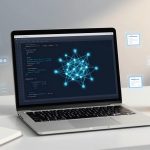 A laptop on a white desk displays a network visualization and code. Two white mugs and an open notebook with sketches are nearby. Floating digital icons appear in the background.