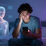 A person in a blue shirt sits on a bed, looking at a phone with a worried expression, hand on forehead. A glowing digital humanoid figure is projected in the background.