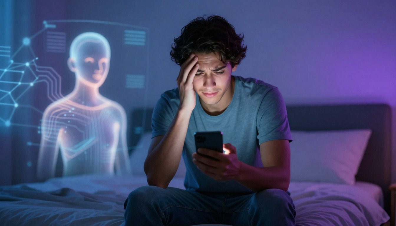 A person in a blue shirt sits on a bed, looking at a phone with a worried expression, hand on forehead. A glowing digital humanoid figure is projected in the background.
