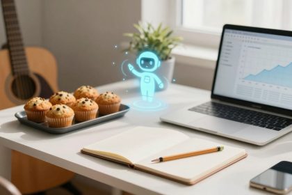 A desk with a laptop displaying a graph, a holographic robot figure, a tray of chocolate chip muffins, an open notebook with a pencil, a smartphone, and a potted plant. A guitar is in the background.