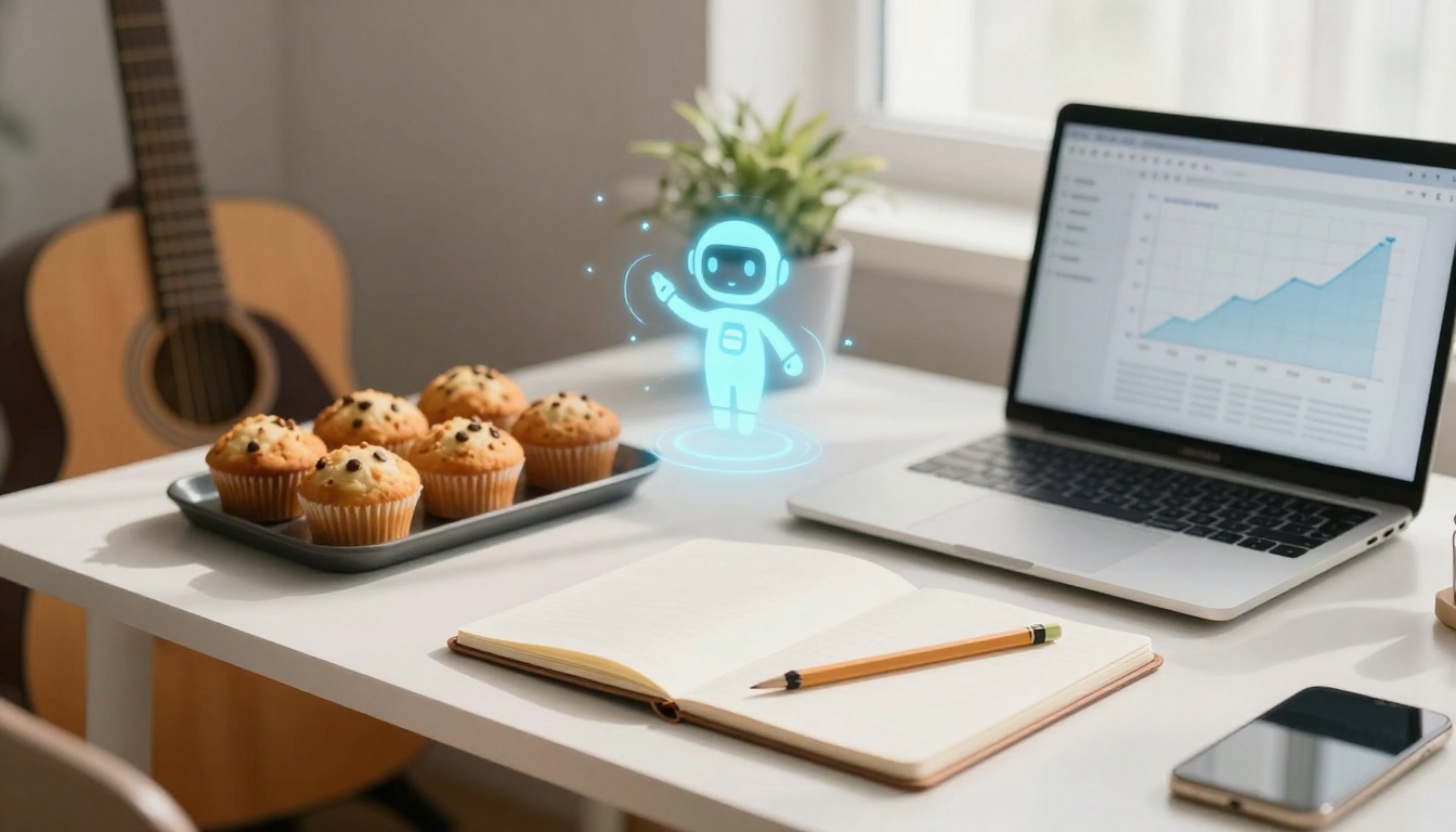 A desk with a laptop displaying a graph, a holographic robot figure, a tray of chocolate chip muffins, an open notebook with a pencil, a smartphone, and a potted plant. A guitar is in the background.