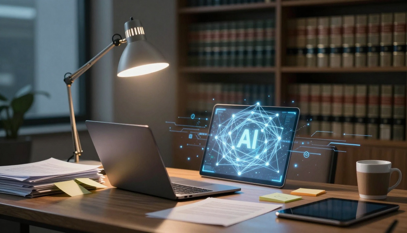 A desk with a laptop, tablet, and a cup beside a stack of papers and sticky notes. A lamp illuminates the scene. The laptop screen displays "AI" with digital graphics. Shelves with books are in the background.