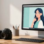 A computer monitor on a wooden desk displays a digital illustration of a woman with long blue hair and a thoughtful expression. A DSLR camera, a keyboard, and a mouse are on the desk. A pot with pencils is in the background.