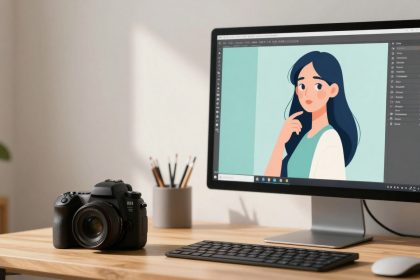 A computer monitor on a wooden desk displays a digital illustration of a woman with long blue hair and a thoughtful expression. A DSLR camera, a keyboard, and a mouse are on the desk. A pot with pencils is in the background.
