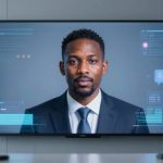 A digital display shows a man in a suit and tie, with computer graphics overlaying his image, featuring data and icons. The setting resembles a modern office environment.