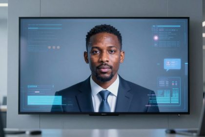 A digital display shows a man in a suit and tie, with computer graphics overlaying his image, featuring data and icons. The setting resembles a modern office environment.