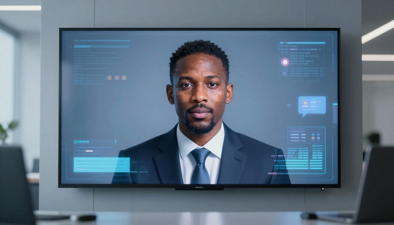 A digital display shows a man in a suit and tie, with computer graphics overlaying his image, featuring data and icons. The setting resembles a modern office environment.