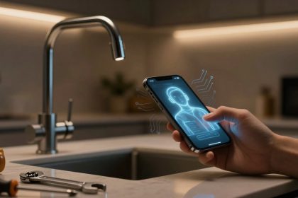 A hand holding a smartphone displaying a holographic image of a figure with circuitry, near a kitchen sink with tools on the counter.