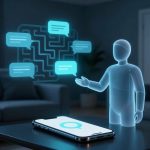 A glowing holographic figure interacts with floating chat bubbles above a smartphone on a table in a dimly lit living room.