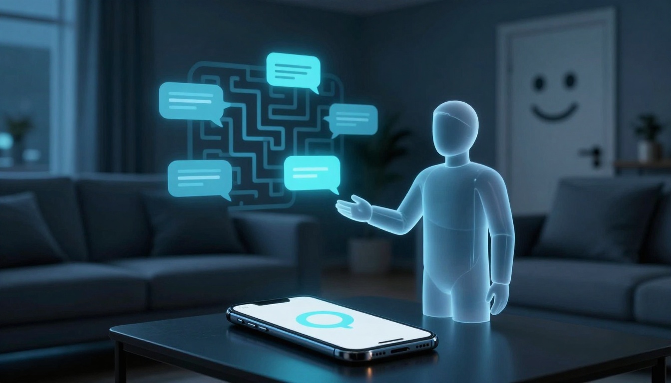 A glowing holographic figure interacts with floating chat bubbles above a smartphone on a table in a dimly lit living room.