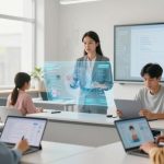 A classroom with students seated at desks using laptops. A woman stands at the front, interacting with a transparent digital display. A large screen behind her shows various data and charts. The setting is bright, with large windows allowing natural light in.
