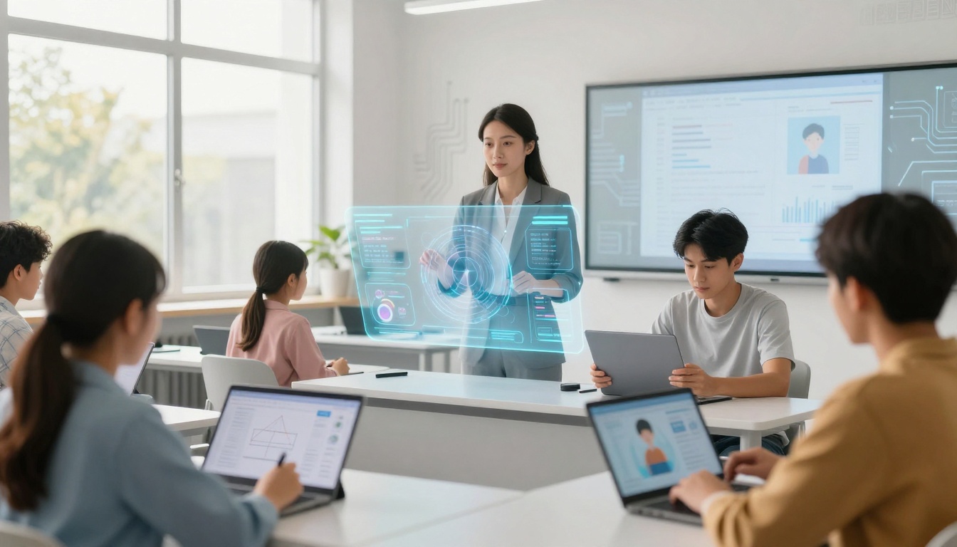 A classroom with students seated at desks using laptops. A woman stands at the front, interacting with a transparent digital display. A large screen behind her shows various data and charts. The setting is bright, with large windows allowing natural light in.