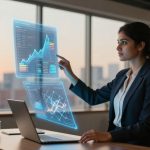 A woman in a dark suit interacts with virtual graphs over a laptop in a modern office with city views through large windows.
