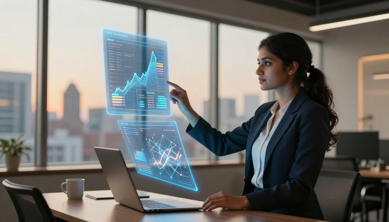 A woman in a dark suit interacts with virtual graphs over a laptop in a modern office with city views through large windows.