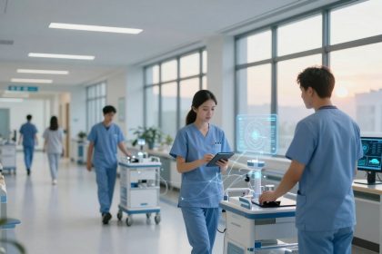 A hospital corridor with medical staff in blue scrubs. A woman holds a tablet, interacting with a digital display. Others push carts. Large windows line the hallway.