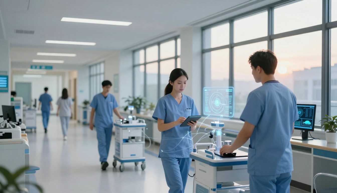 A hospital corridor with medical staff in blue scrubs. A woman holds a tablet, interacting with a digital display. Others push carts. Large windows line the hallway.
