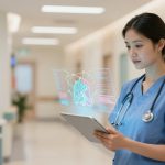 A healthcare professional in blue scrubs uses a tablet displaying a holographic heart diagram. She stands in a hospital corridor.