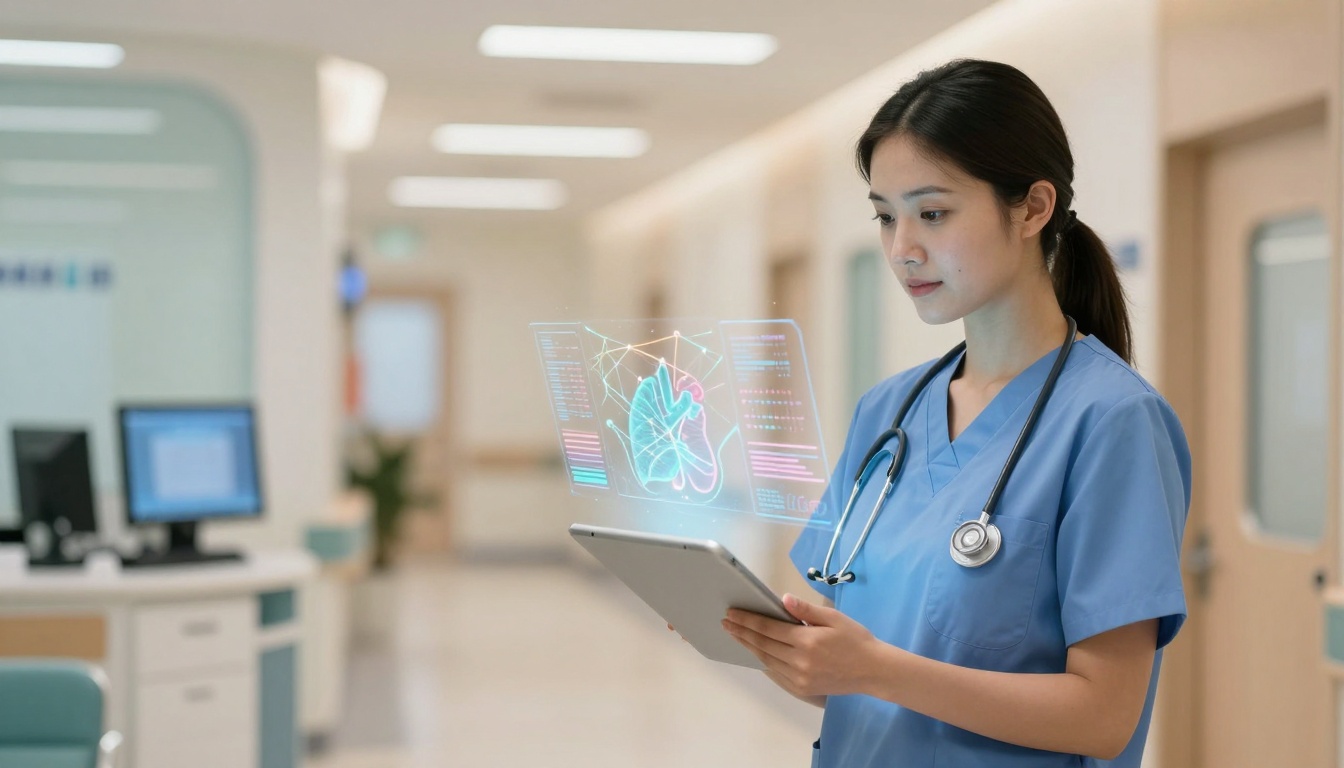 A healthcare professional in blue scrubs uses a tablet displaying a holographic heart diagram. She stands in a hospital corridor.