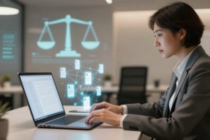 A person in a gray suit works on a laptop in an office. Holographic icons of documents and a scale of justice are projected above the desk.