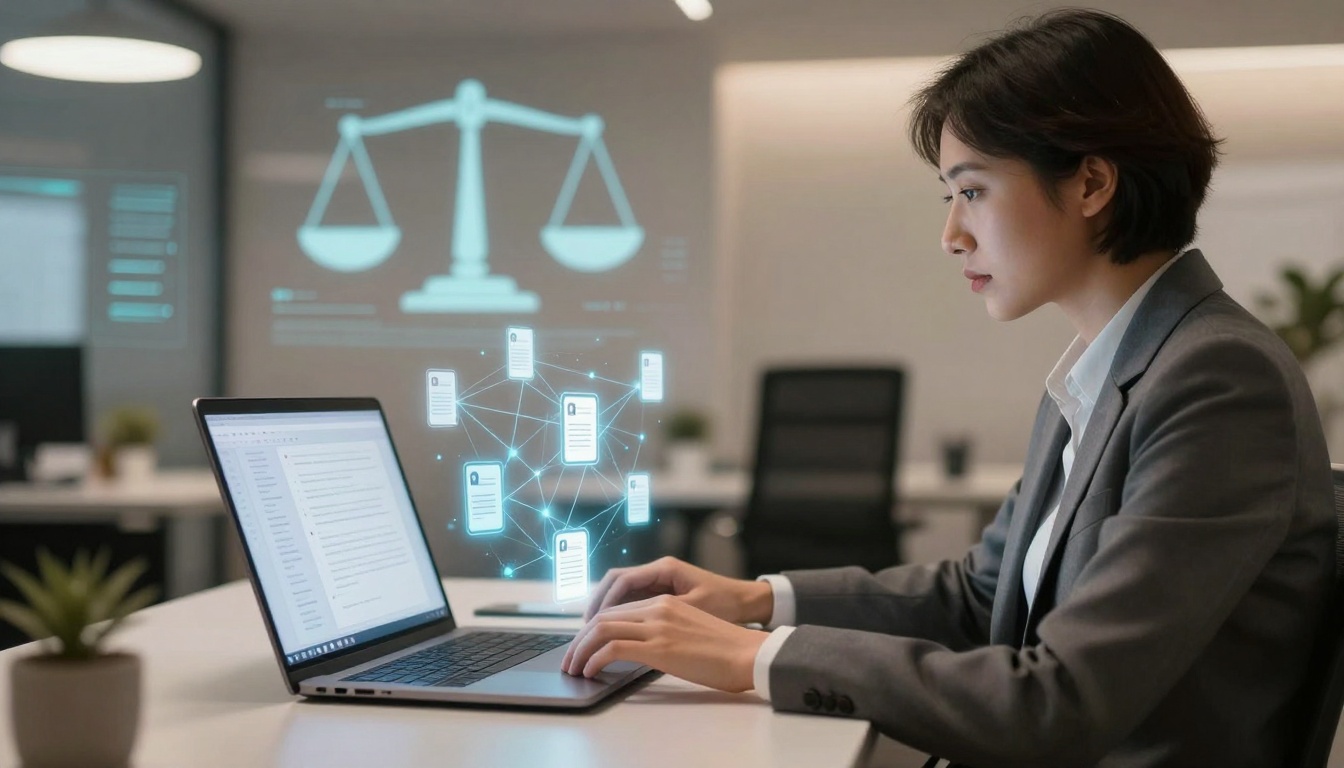 A person in a gray suit works on a laptop in an office. Holographic icons of documents and a scale of justice are projected above the desk.