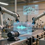 Two robotic arms with lights work over a conveyor belt in a factory setting. Holographic screens display data and waveforms above the belt.