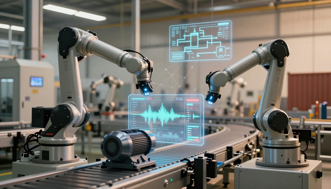 Two robotic arms with lights work over a conveyor belt in a factory setting. Holographic screens display data and waveforms above the belt.