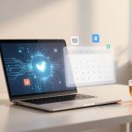 A laptop displaying a digital bird logo with circuit patterns on the screen is on a desk. Hovering icons include a camera, hashtag, and calendar. A steaming cup of tea sits beside the laptop in a sunlit room.