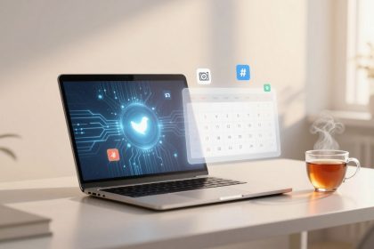 A laptop displaying a digital bird logo with circuit patterns on the screen is on a desk. Hovering icons include a camera, hashtag, and calendar. A steaming cup of tea sits beside the laptop in a sunlit room.