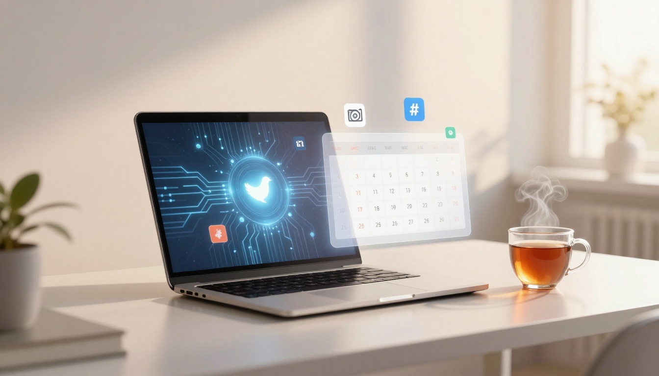 A laptop displaying a digital bird logo with circuit patterns on the screen is on a desk. Hovering icons include a camera, hashtag, and calendar. A steaming cup of tea sits beside the laptop in a sunlit room.