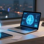 A laptop displaying a digital brain with "AI" on the screen, on a desk with a tablet, documents, and stacked books. A holographic brain image hovers nearby. A cityscape is visible through the window in the background.