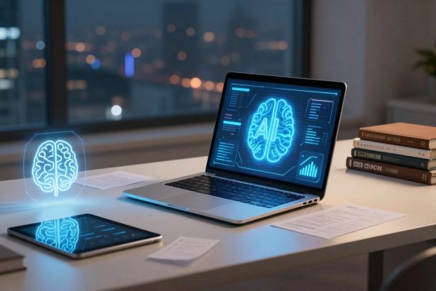 A laptop displaying a digital brain with "AI" on the screen, on a desk with a tablet, documents, and stacked books. A holographic brain image hovers nearby. A cityscape is visible through the window in the background.