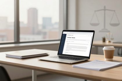 A laptop displaying a "Contract Review" document sits on a wooden desk in a bright office. Nearby, there are stacks of papers and a coffee cup. In the background, a blurred cityscape is visible through large windows, and a wall features a faint scale of justice symbol.