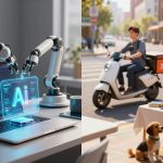 On the left, robotic arms work over a laptop displaying code with a glowing "AI" hologram. On the right, a person rides a scooter in a city street. Another person, holding a puppy and a book, stands by a table with art supplies, while a dog sits nearby.