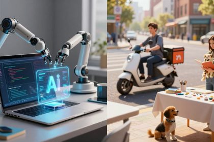 On the left, robotic arms work over a laptop displaying code with a glowing "AI" hologram. On the right, a person rides a scooter in a city street. Another person, holding a puppy and a book, stands by a table with art supplies, while a dog sits nearby.